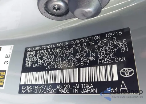 2016 Scion Tc z USA, uszkodzony, nr VIN JTKJF5C79GJ024657